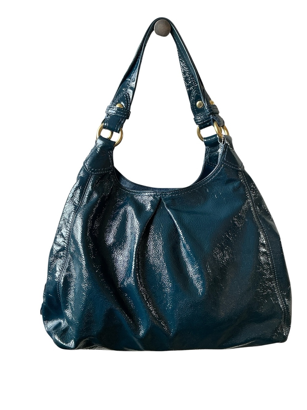 Coach Maggie Teal Blue Patent Leather Pleated Hobo Shoulder Bag 13900 - Picture 2 of 16